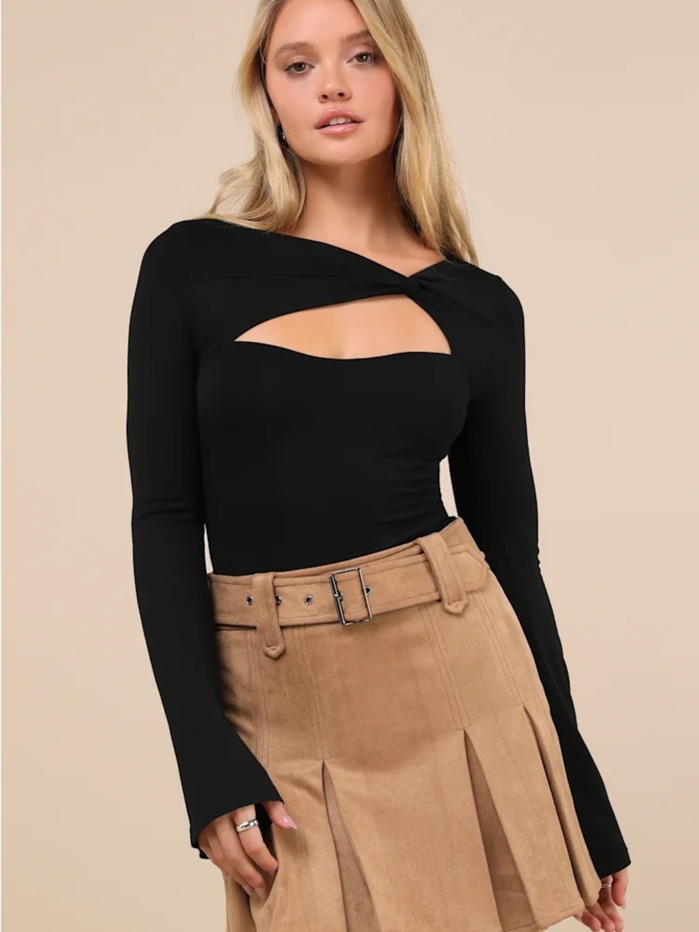 Lulus Perfectly Impressive Bodysuit Black Twist Cutout Bell Sleeve Night NWT J61